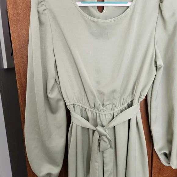 SHEIN Sage Green Long Sleeve Tie-Waist Midi Dress - Picture 2 of 5